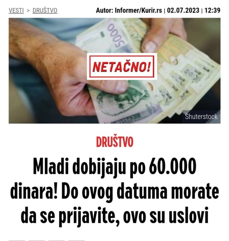 Mladi dobijaju po 60.000 dinara od države
