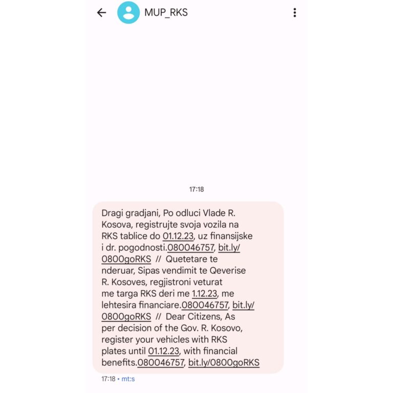 MUP Kosova SMS porukom i na MTS DOO brojeve poziva na preregistraciju na „RKS“ tablice