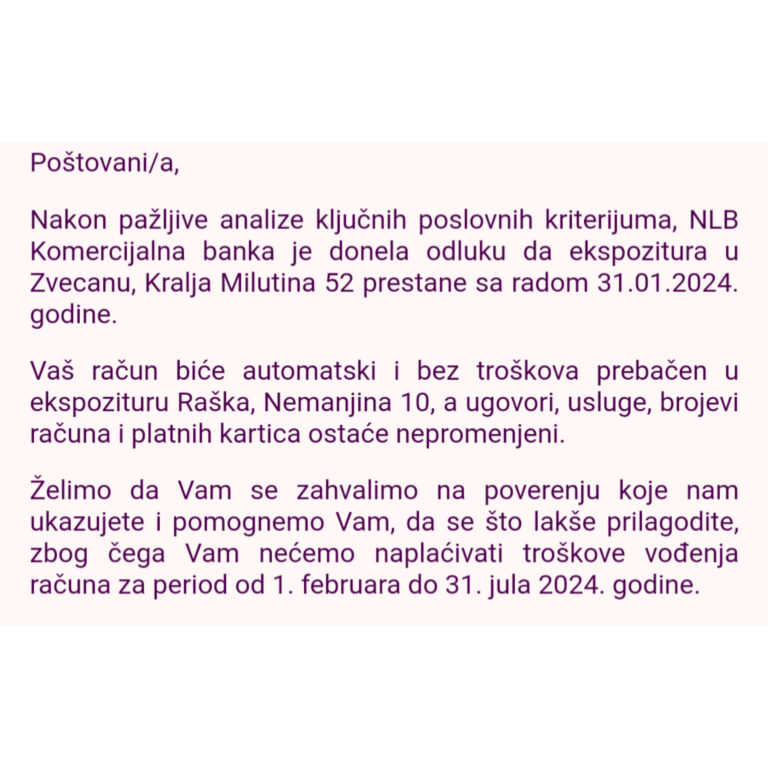 NLB Komercijalna banka obaveštava korisnike na KiM o&hellip;