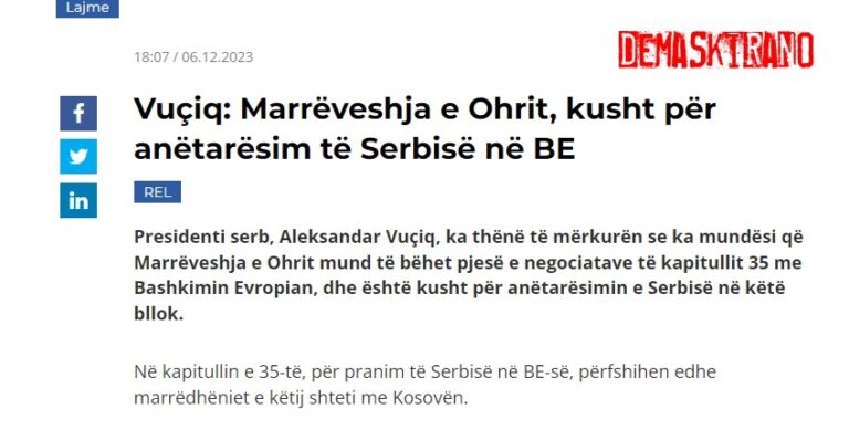 Vučić nije rekao da je Ohridski sporazum uslov za članstvo Srbije u EU