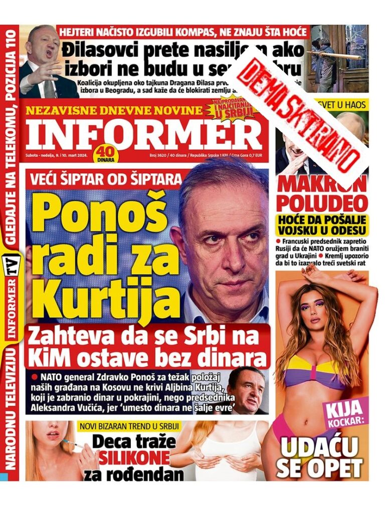 Ponoš o „izdaji“ Kosova – tabloidi o Ponošu:&hellip;